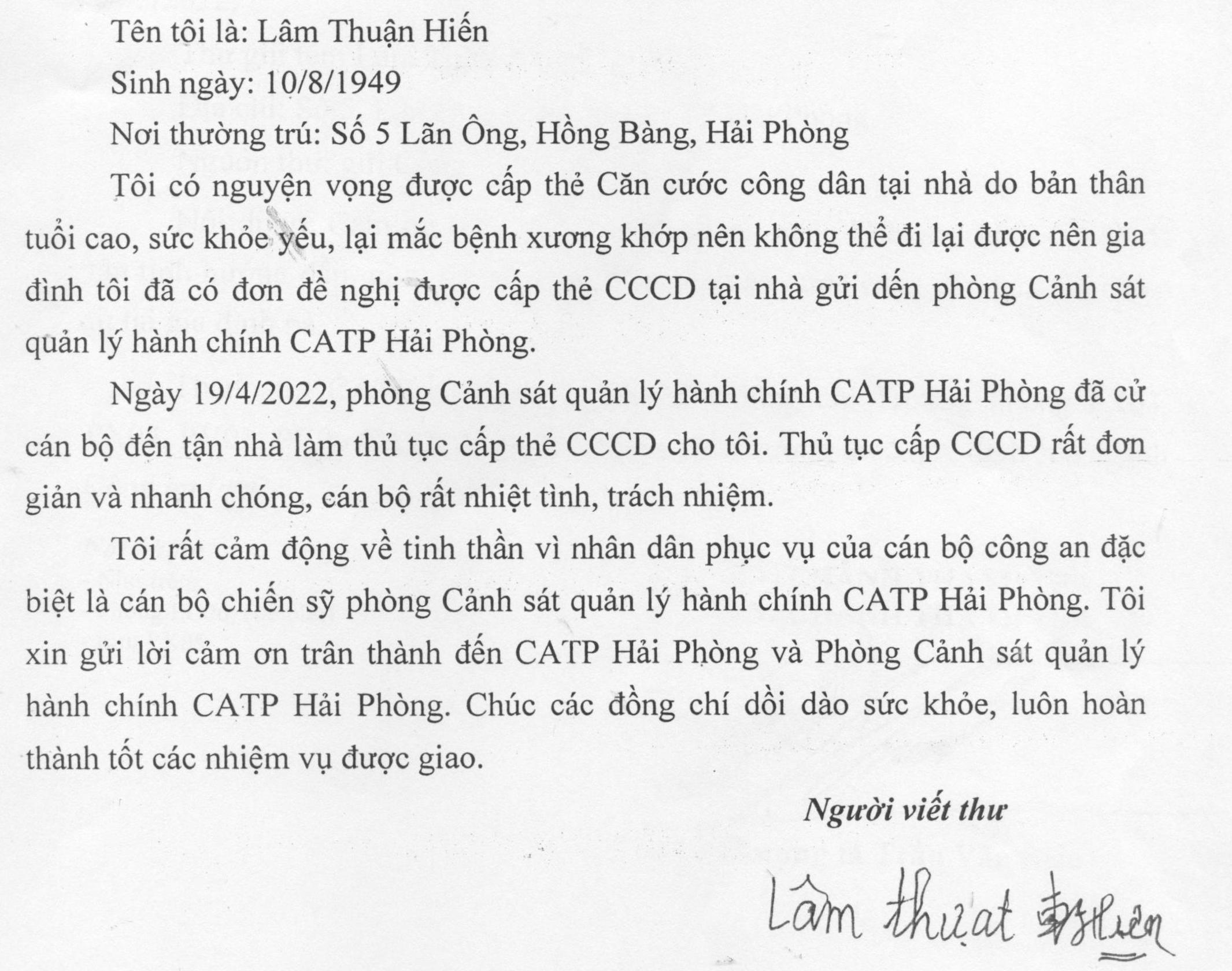 Bà Lâm Thuận Hiến (quận Hồng Bàng) gửi thư cảm ơn